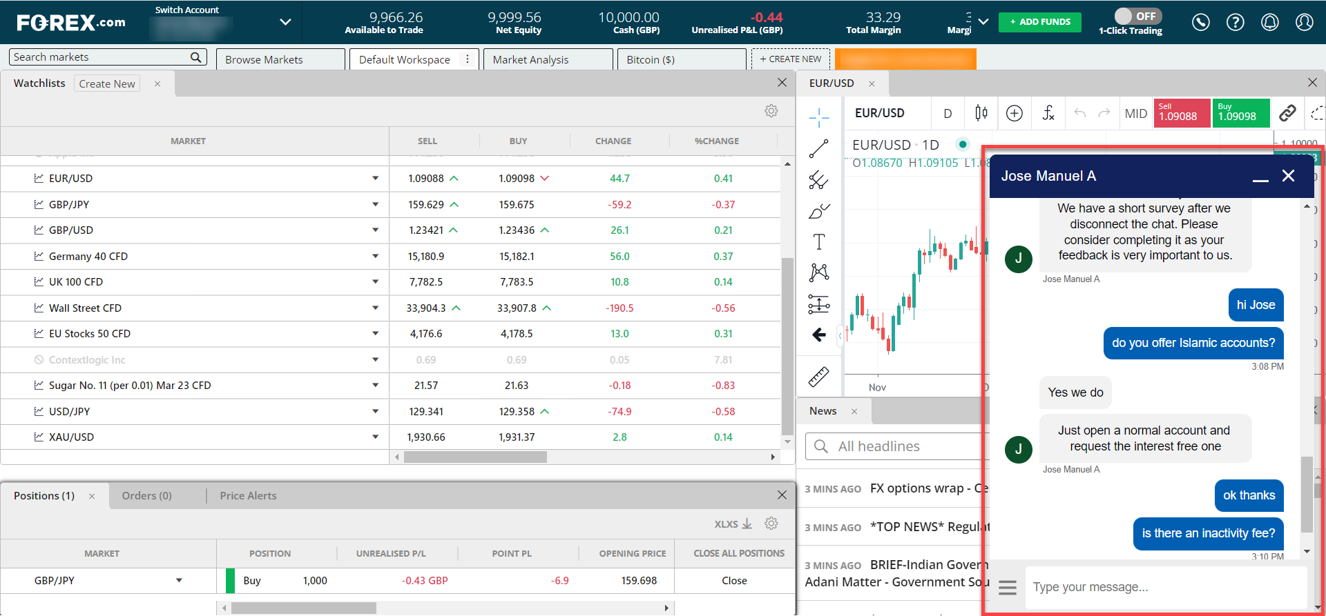Chat Support within the Web Trader platform