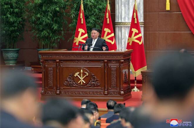 North Korean leader Kim Jong Un attends a session of the sixth enlarged meeting of the eighth Central Committee of the Workers' Party, in Pyongyang