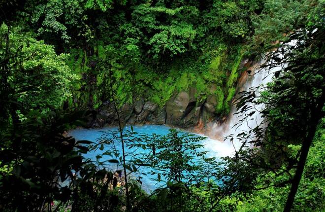 The Celeste river waterfall is seen at Tenorio Volcano National Park in Upala