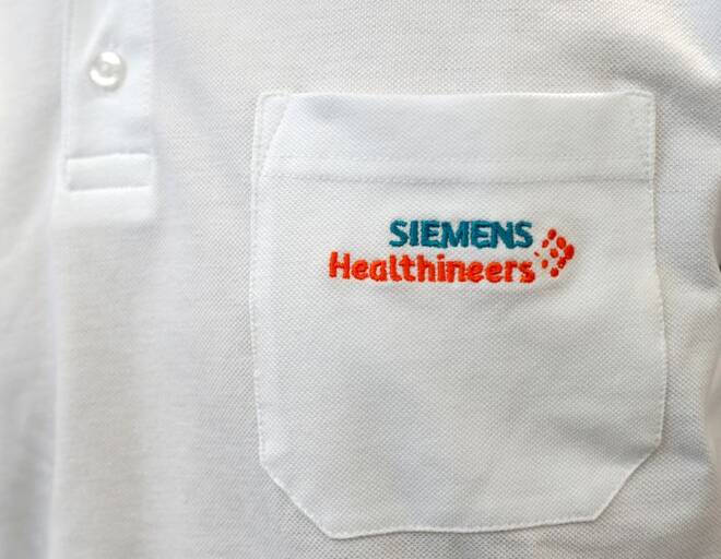 Siemens Healthineers logo is seen on an item of clothing in manufacturing plant in Forchheim