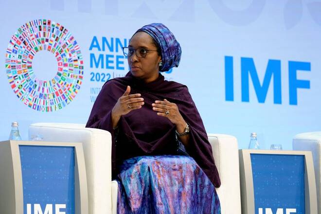 Nigeria's Minister of Finance Zainab Ahmed speaks during a panel discussion at the headquarters of the International Monetary Fund during the Annual Meetings of the IMF and World Bank in Washington