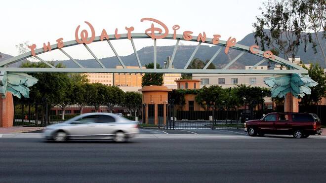 The signage at the main gate of The Walt Disney Co. is pictured in Burbank