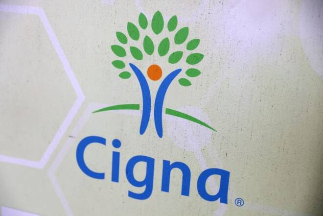 Signage for Cigna is pictured at a health facility in Queens, New York City