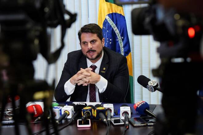 Brazilian senator Marcos do Val speaks during a news conference in Brasilia