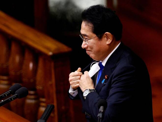Japan's Prime Minister Fumio Kishida delivers his policy speech during the first day of an ordinary session at the lower house of parliament in Tokyo