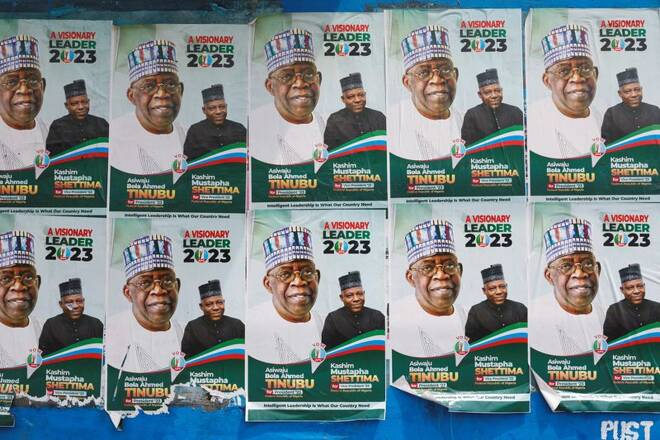 Electoral campaign posters of All Progressives Congress (APC) Presidential candidate, Bola Tinubu, with his running mate Kashim Shettima, are pictured at a bustop, in Lagos