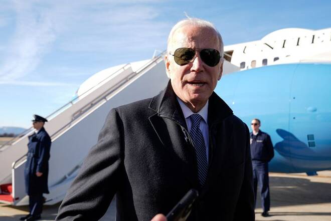 U.S. President Joe Biden speaks to reporters after disembarking from Air Force One en route to Camp David at Hagerstown Regional Airport, Hagerstown, Maryland