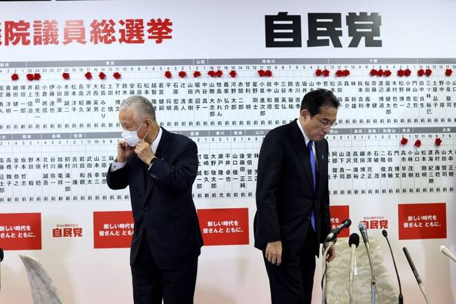 Japan's Prime Minister and ruling Liberal Democratic Party leader Fumio Kishida and party's General Secretary Akira Amari gesture after Japan's general election, in Tokyo