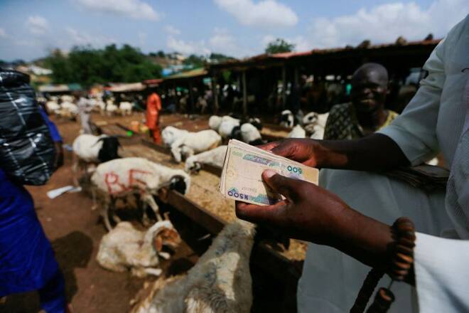 A man holds money in his hand at the animal market, in Karu