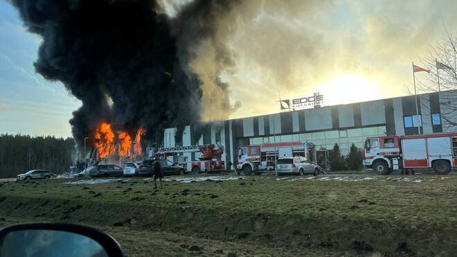 A view shows a fire at the Edge Autonomy drone factory in Latvia
