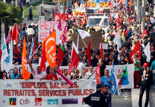 Private and public sector workers demonstrate over pension reforms in Nice