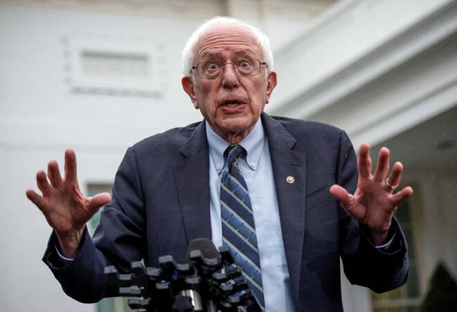 U.S. Senator Bernie Sanders (D-VT) speaks to the media at the statekout location at the White House in Washington