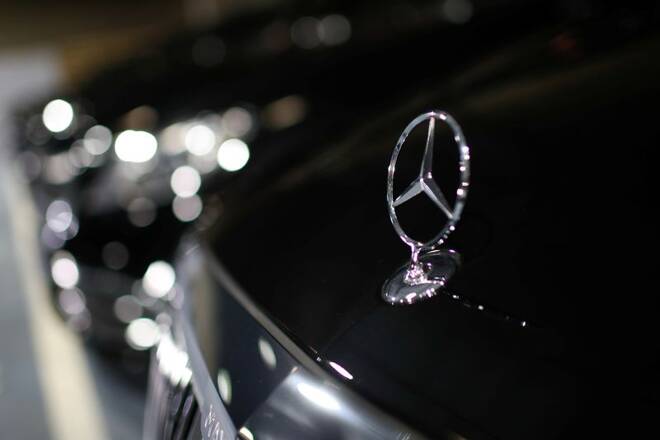 A Mercedes-Benz logo is seen on a car at the headquarters of Chabe, Chauffeured Cars Services, in Nanterre