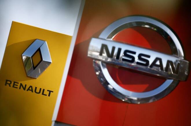 Logos of car manufacturers Nissan and Renault in Saint-Nazaire