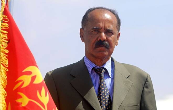 Eritrean President Isaias Afwerki arrives at the Aden Abdulle International Airport in Mogadishu