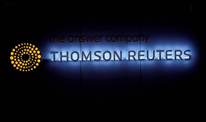 A Thomson Reuters logo is pictured on a building during the World Economic Forum (WEF) annual meeting in Davos