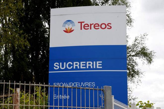 A view shows a sign at the entrance of the Tereos sugar factory in Escaudoeuvres