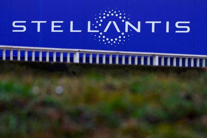 Stellantis logo on a company's building in Velizy-Villacoublay near Paris