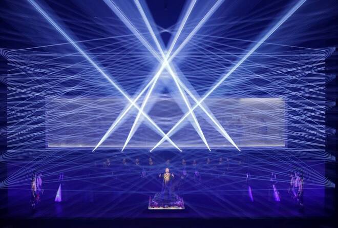 Cast members perform Giacomo Puccini's Turandot with immersive laser lights created by 'teamLab' in Tokyo