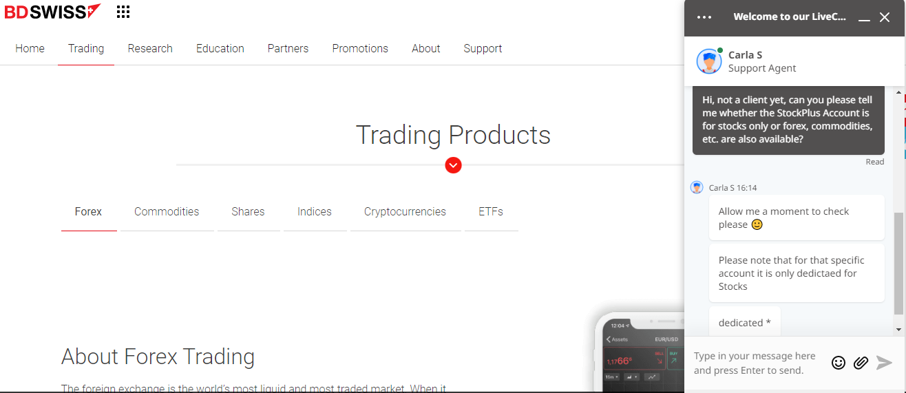Customer support at BDSwiss