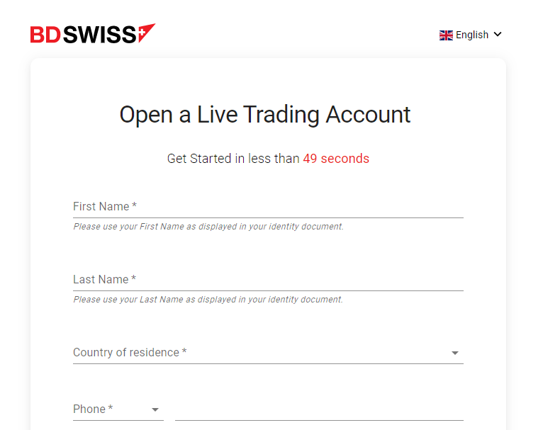 Account opening at BDSwiss