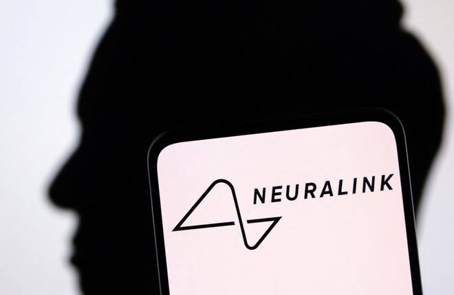 Illustration shows Neuralink logo and Elon Musk silluete