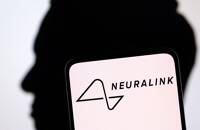 Illustration shows Neuralink logo and Elon Musk silluete