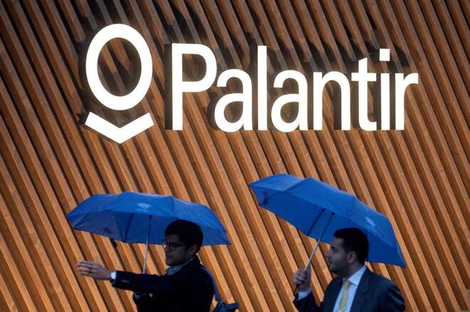 Logo of U.S. software company Palantir Technologies is seen in Davos