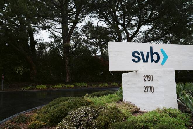 A sign for Silicon Valley Bank is seen in Menlo Park