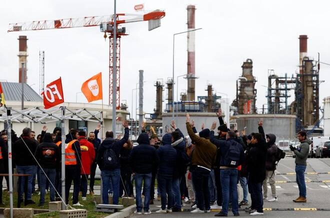 French energy workers on strike protest in front of oil giant TotalEnergies refinery in Donges
