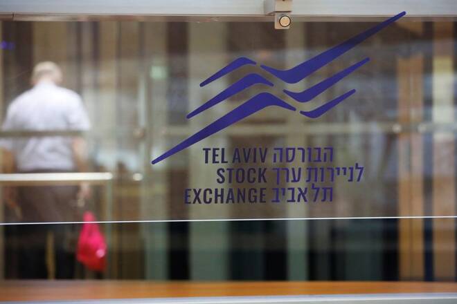 A Tel Aviv Stock Exchange sign is seen at the bourse in Tel Aviv, Israel