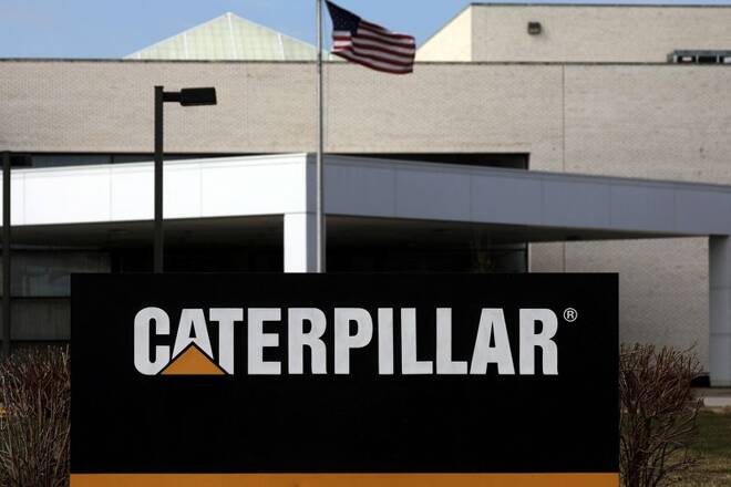 A Caterpillar corporate logo is pictured in front of a building in Peoria