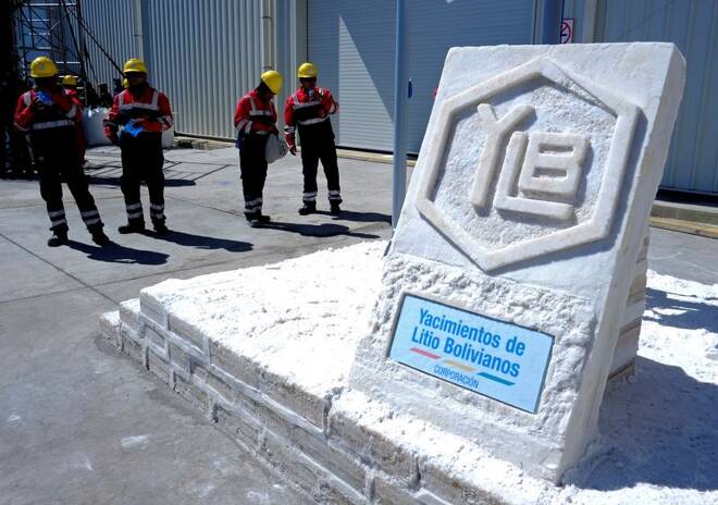 A sign made with salt blocks with the logo of state-owned YLB is seen at the plant of Llipi in Uyuni