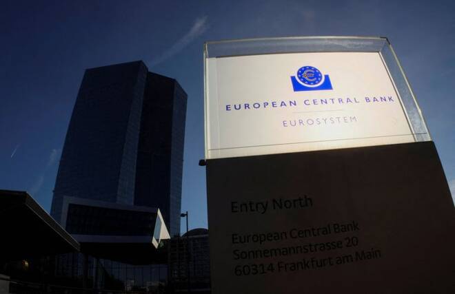 A view of signage outside the European Central Bank (ECB) building in Frankfurt