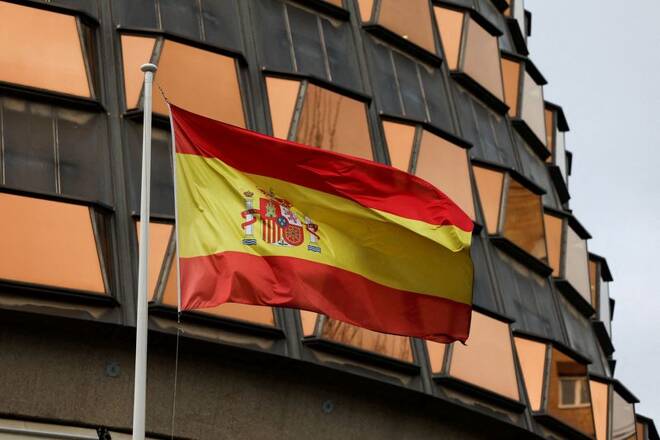 The Spanish flag is seen outside the Constitutional Court building in Madrid