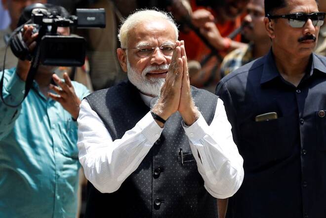 India’s Prime Minister Narendra Modi arrives to file his nomination papers for the general elections in Varanasi