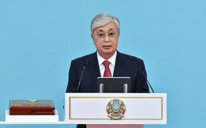 Kazakh President Kassym-Jomart Tokayev speaks during an inauguration ceremony in Astana
