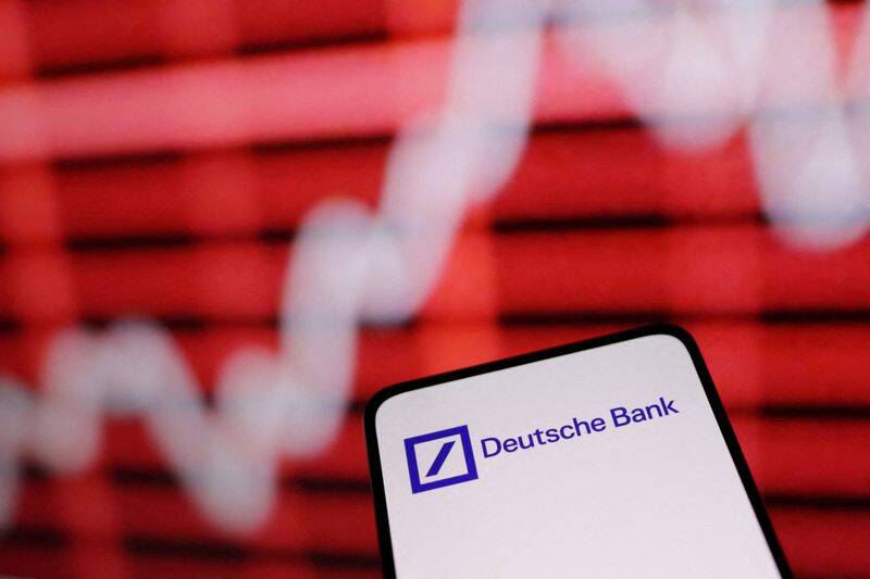 Illustration shows Deutsche Bank logo and rising stock graph