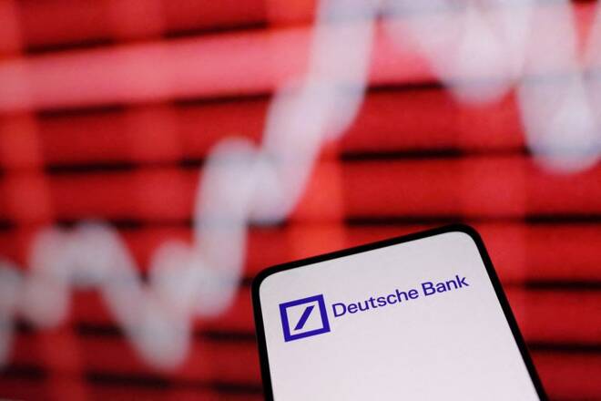 Illustration shows Deutsche Bank logo and rising stock graph