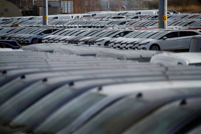 Parked cars are seen at the Vauxhall plant as the outbreak of the coronavirus disease (COVID-19) continues, in Ellesmere Port