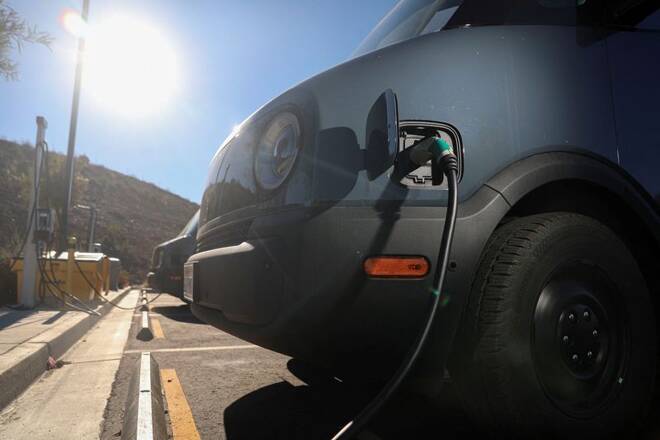 Electric Rivian trucks purchased by Amazon are pictured in Poway California