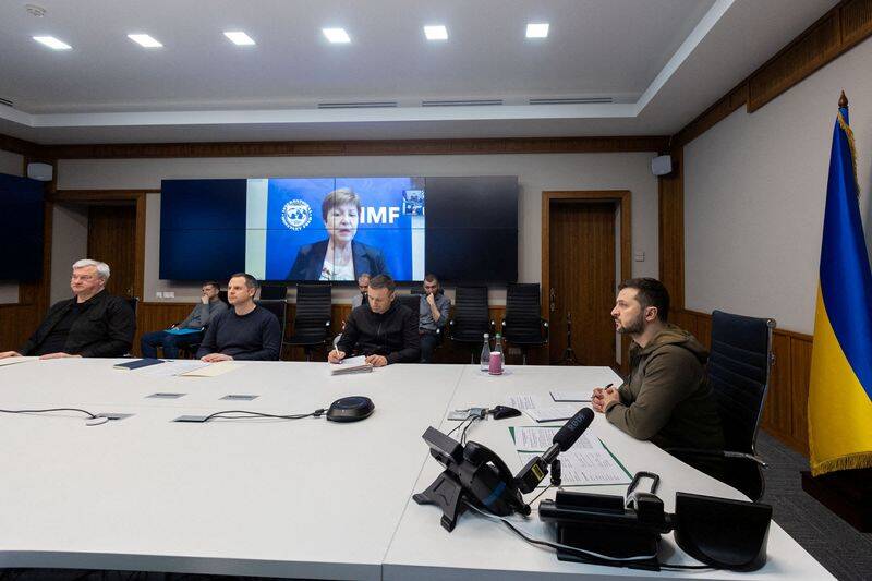 Ukraine's President Zelenskiy speaks with IMF Managing Director Georgieva via videolink in Kyiv