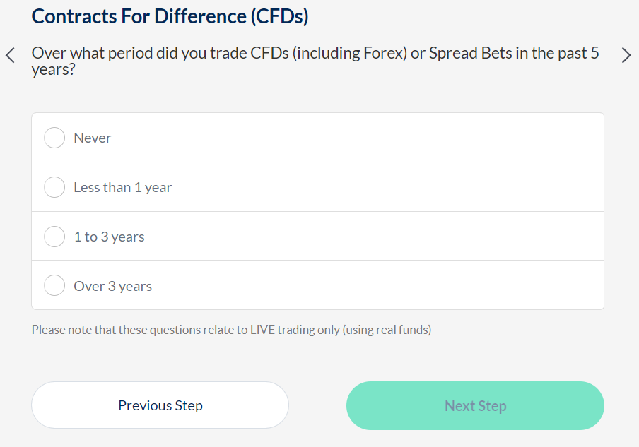 ActivTrades asks you to state your trading experience when registering an account