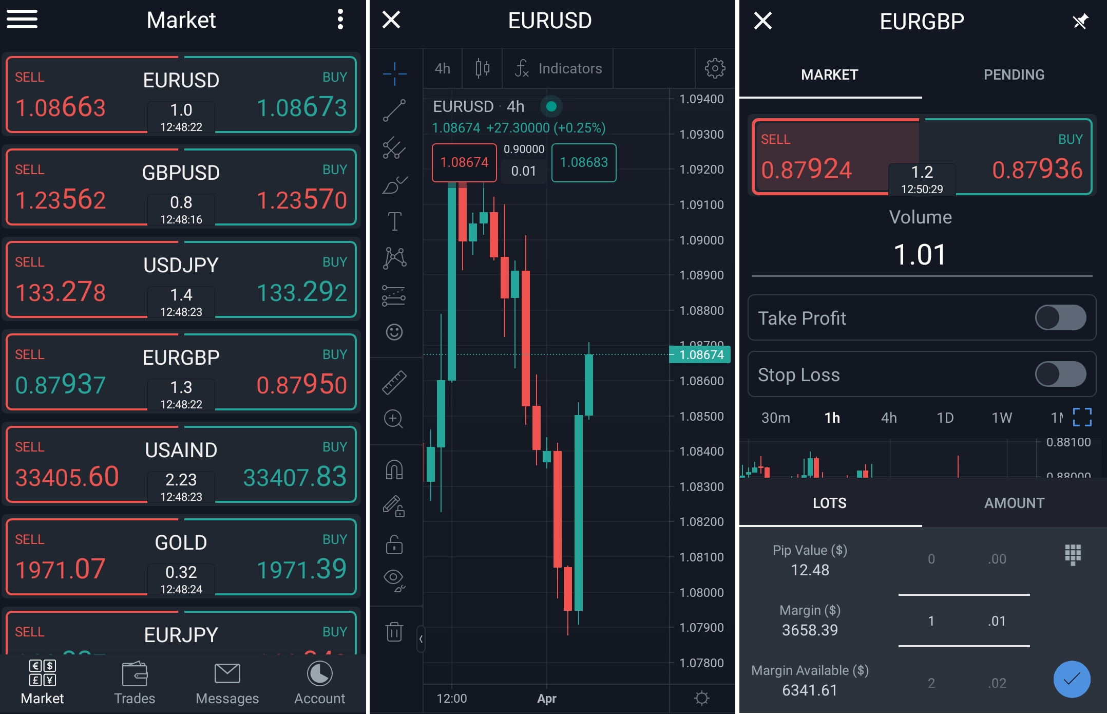 Watchlist of selected instruments (on the left), chart screen (in the middle), orders screen (on the right)