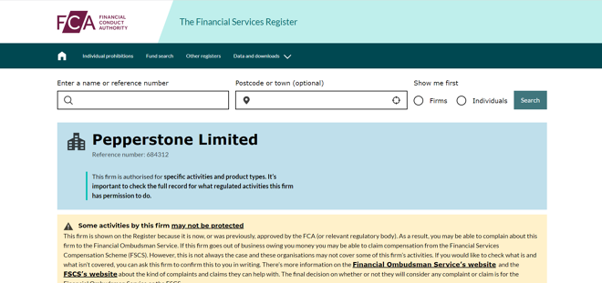 Pepperstone Limited listing in the FCA register