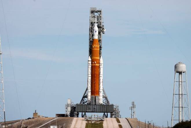 NASA's next-generation moon rocket, the Space Launch System (SLS) rocket is readied for launch at Cape Canaveral
