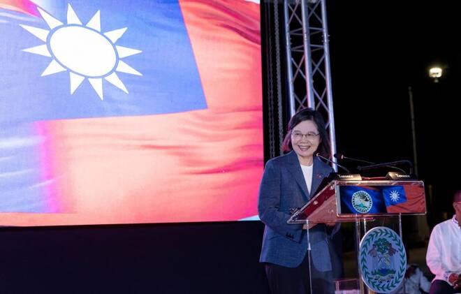 Taiwanese President Tsai Ing-wen delivers a speech as she attends a banquet hosted by Belizean Prime Minister John Briceno, in Belize