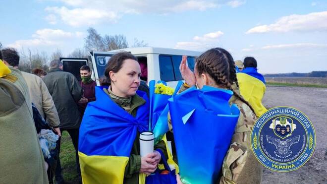 Ukrainian POWs are seen after swap at unknown location in Ukraine