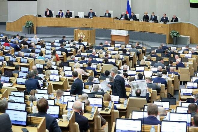 Russian lawmakers attend a plenary session of the State Duma, the lower house of parliament, in Moscow