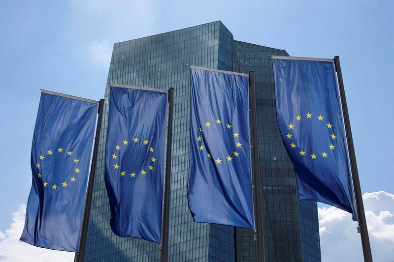 European flags are seen in front of the ECB building, in Frankfurt, Germany